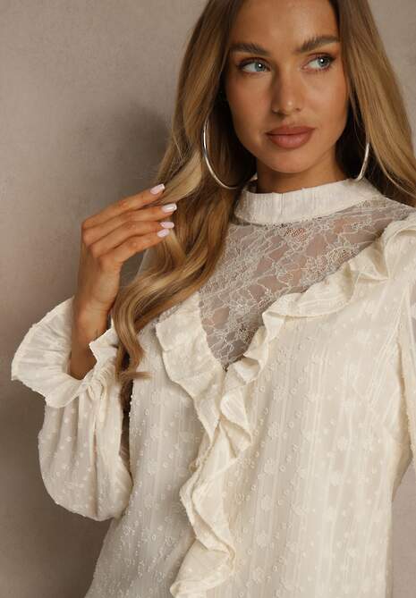 Beżowa Bluzka z Koronką i Falbankami Zdobiona Metalicznymi Przeszyciami Aliafera