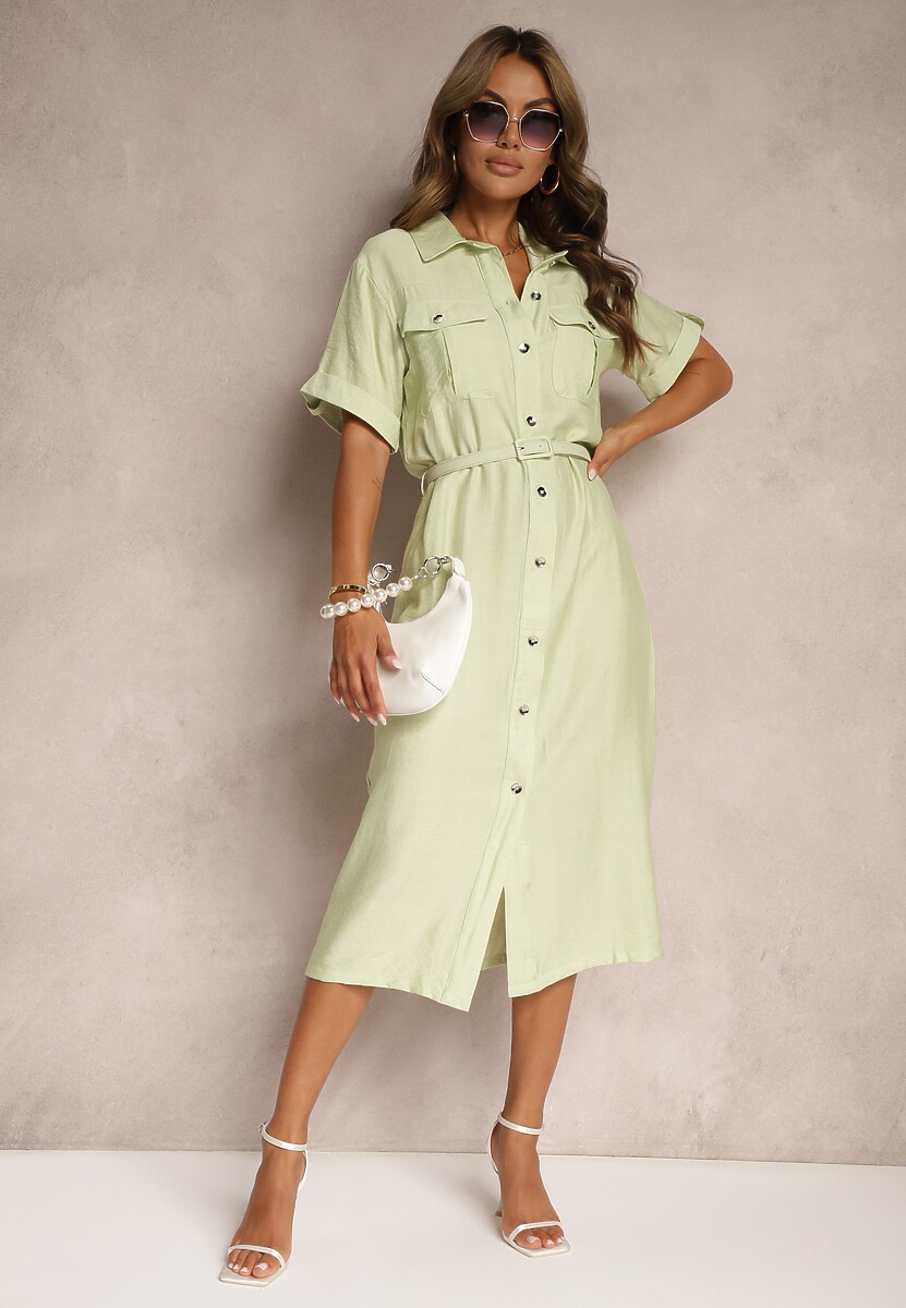 Zielona Sukienka z Wiskozy o Kroju Koszulowym Ozdobiona Paskiem Nelsines