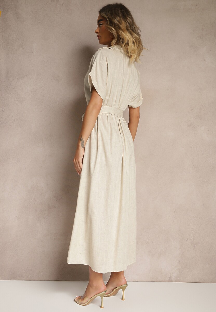 Beżowa Sukienka Koszulowa z Wiskozą i Lnem Ozdobiona Paskiem Lunie