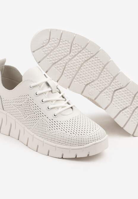 Białe Sneakersy ze Skóry Naturalnej ze Skórzaną Wkładką i Perforacją Nolzedis