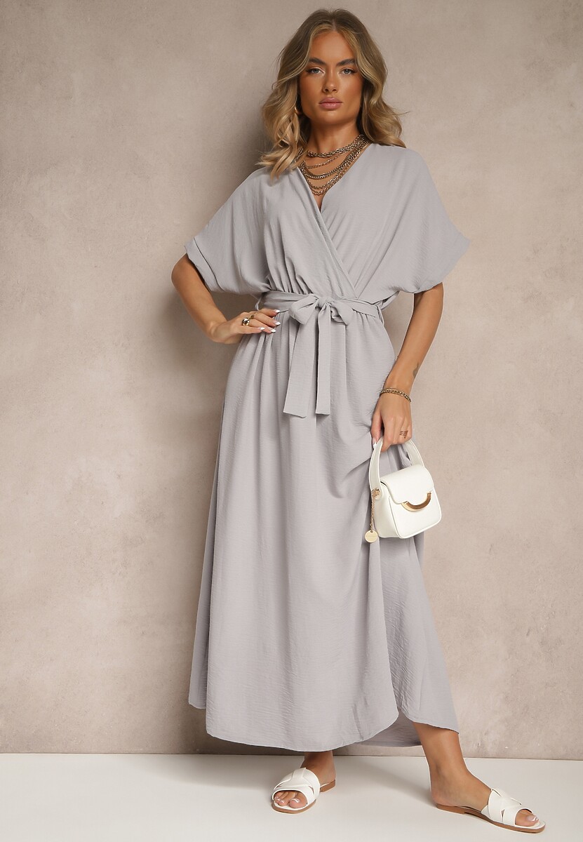 Szara Rozkloszowana Sukienka z Bawełną i Paskiem Lunapinia