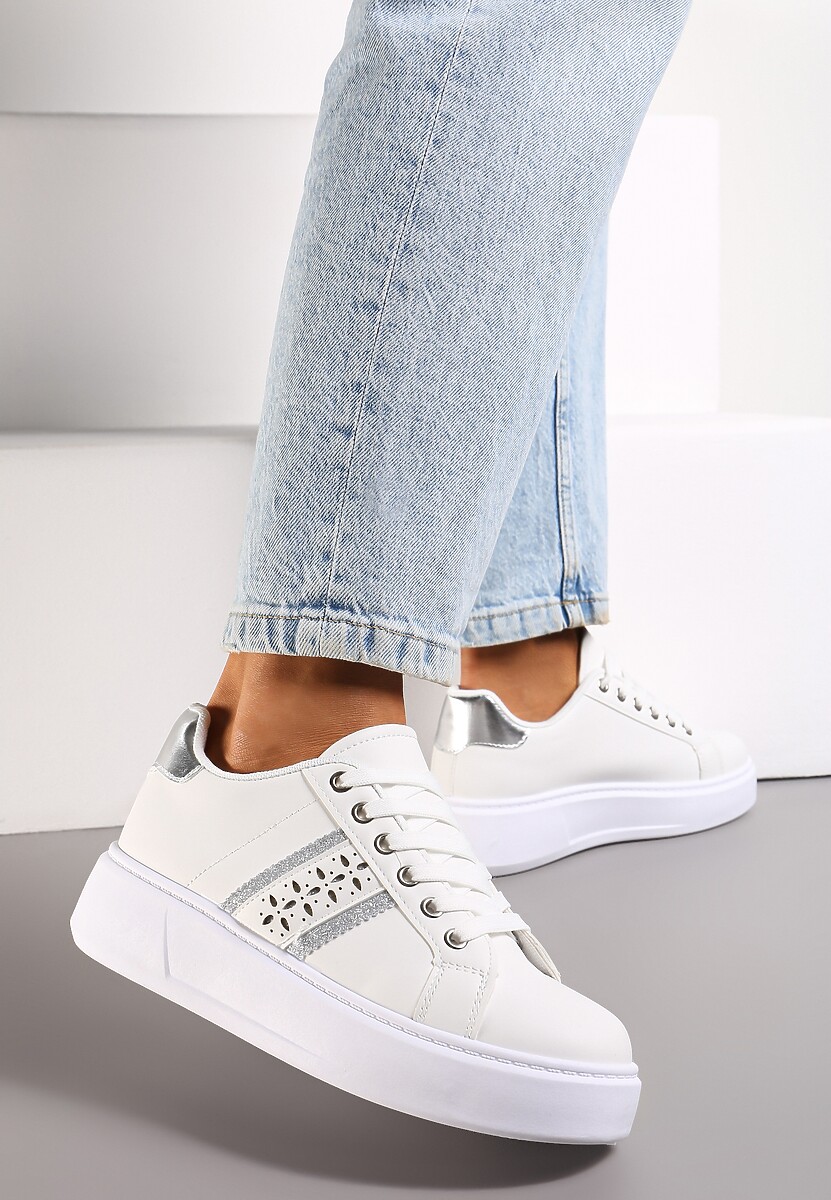 Biało-Srebrne Sneakersy przed Kostkę na Grubej Podeszwie Amelisa