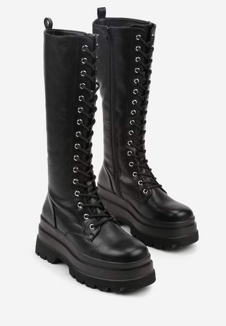 Czarne Kozaki na Platformie w Stylu Grunge Ozdobione Sznurowaniem Wiolara
