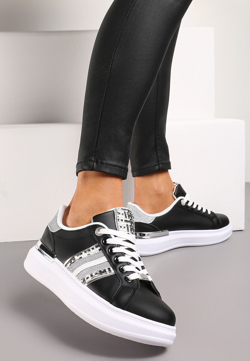 Biało-Szampańskie Sneakersy na Niewysokiej Platformie z Brokatowymi Wstawkami Renallsa