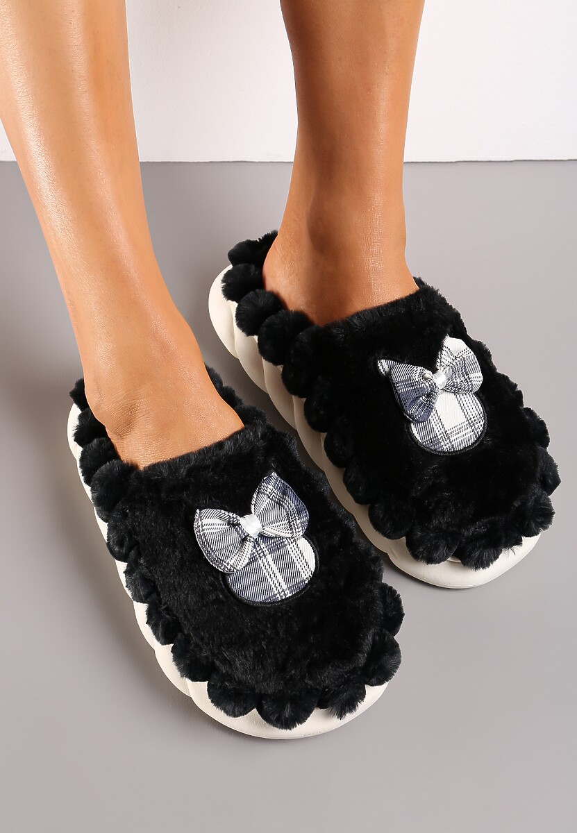 Czarne Futrzane Kapcie na Platformie z Kokardką Oivio
