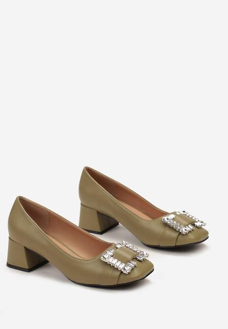 Zielone Czółenka z Klamrą z Cyrkoniami na Słupku Vireta