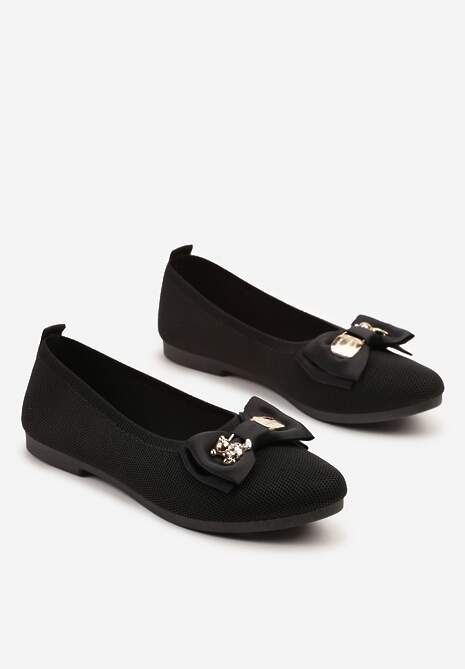 Czarne Balerinki Ozdobione Metalicznymi Aplikacjami i Kokardą Bretella