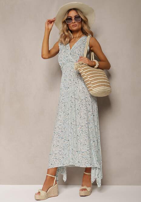 Jasnoniebieska Rozkloszowana Sukienka z Gumką w Talii i Asymetrycznym Dołem z Bawełny Estelee