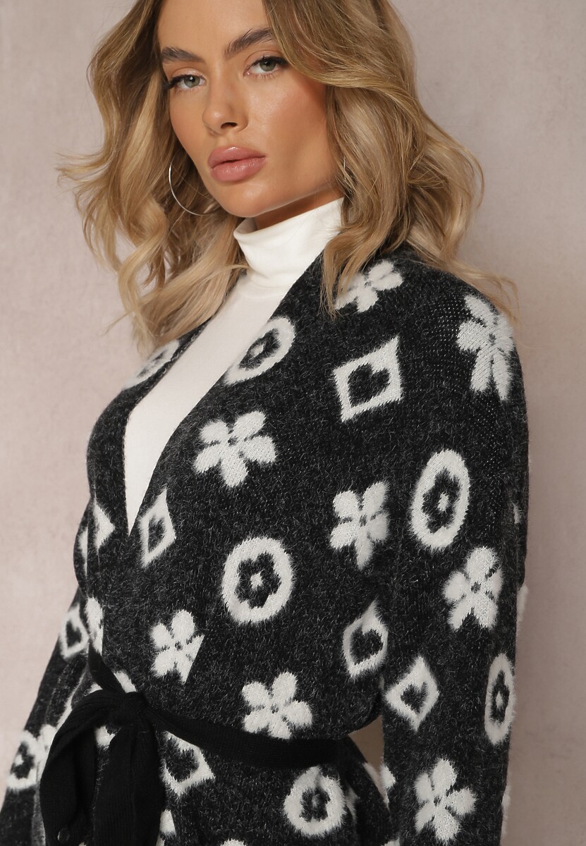 Czarny Kardigan z Wiązanym Paskiem Ozdobiony Wzorem w Kwiaty Timonen