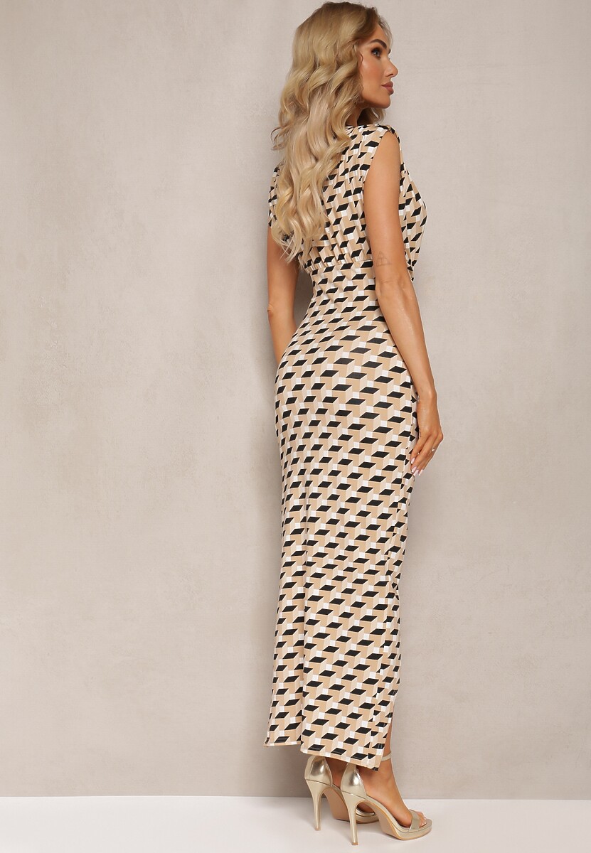 Beżowo-Czarna Dopasowana Sukienka Maxi z Marszczeniem i Rozcięciem Kalalia