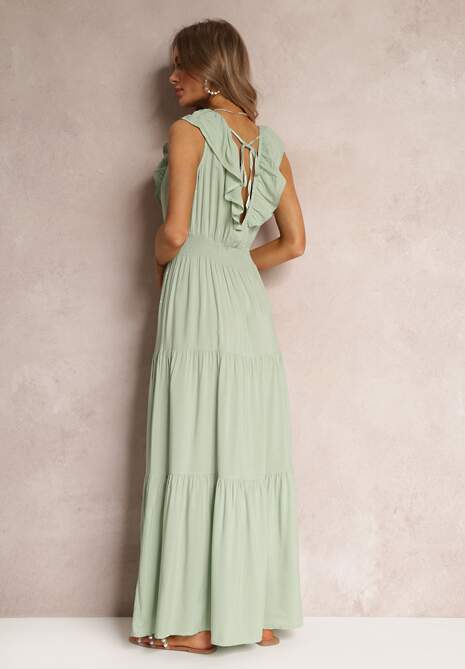 Miętowa Rozkloszowana Sukienka Maxi z Gumką w Talii i Falbanką Laylani