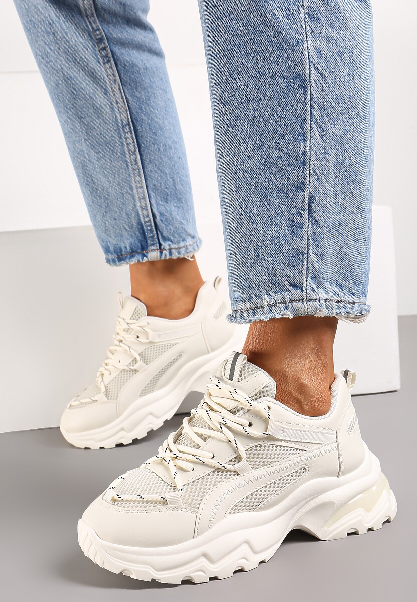 Beżowe Sneakersy na Grubej Nieregularnej Podeszwie z Odblaskowymi Wstawkami Ollavia