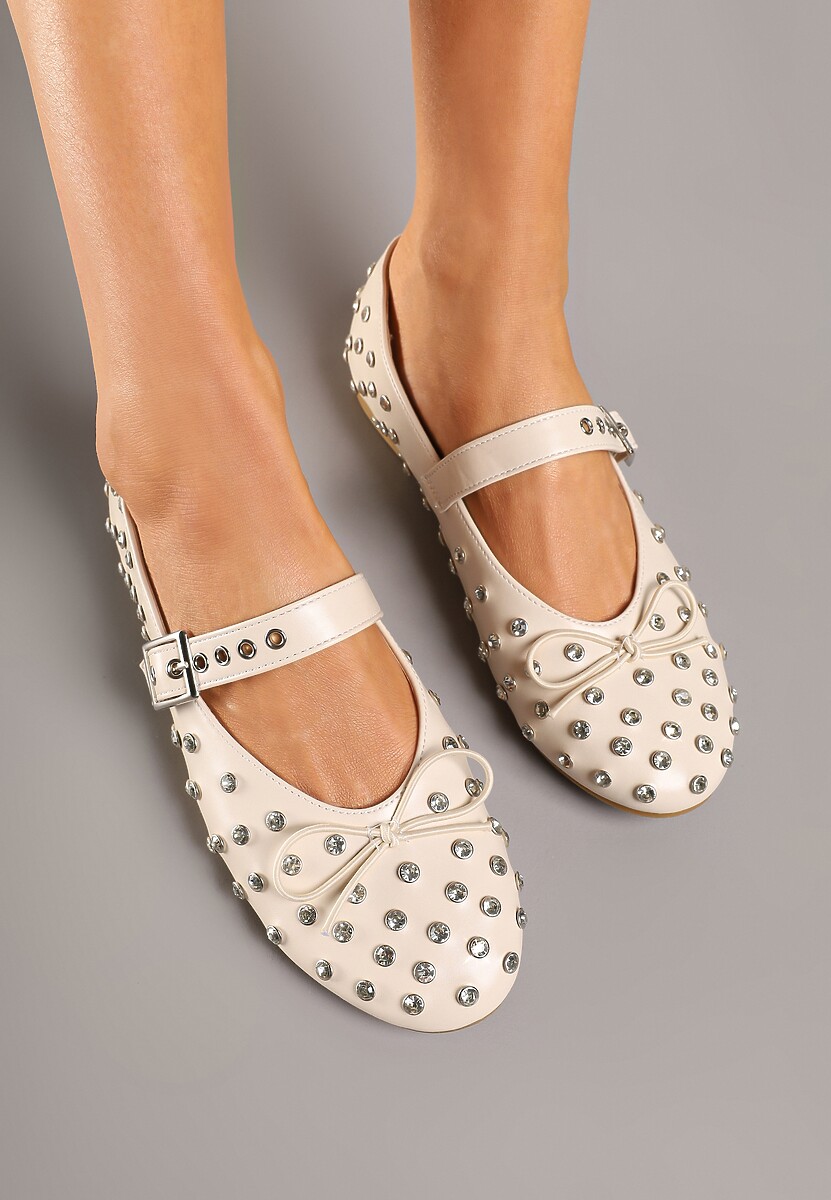 Beżowe Balerinki z Ozdobnymi Nitami i Kokardą Ridiante