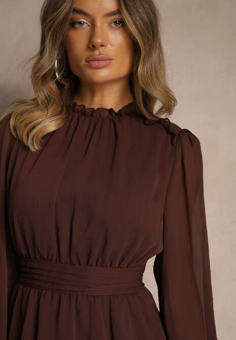 Brązowa Sukienka z Siateczki o Rozkloszowanym Kroju z Bufiastymi Rękawami Aziva