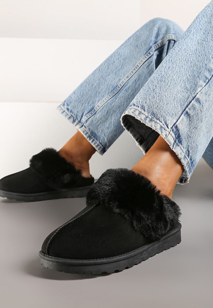 Czarne Kapcie z Ekozamszu z Futrzaną Wyściółką Zoleti