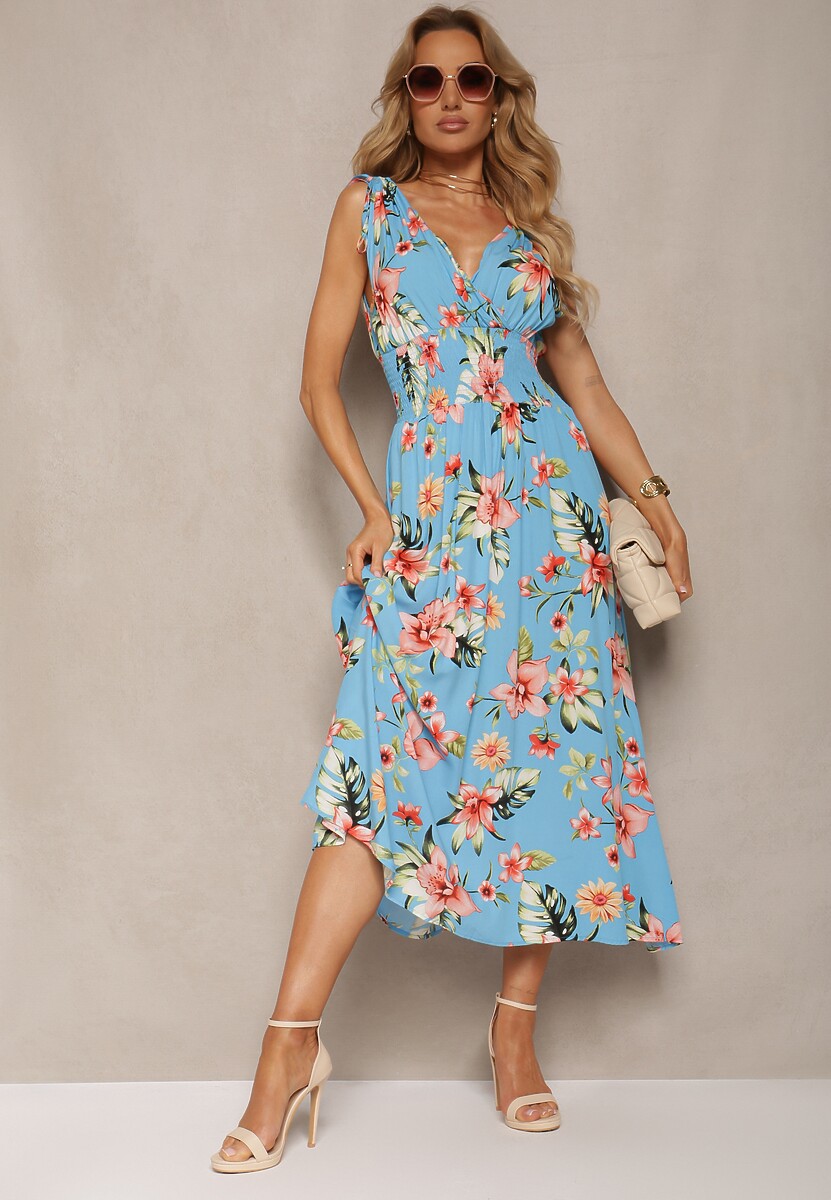 Niebieska Kwiecista Sukienka z Gumką w Talii i Trójkątnym Dekoltem ze Ściągaczami Taseria