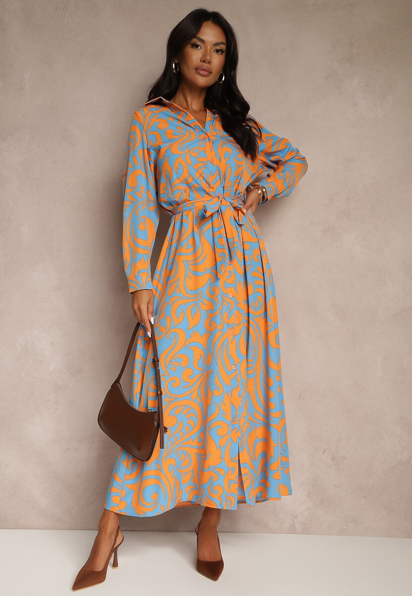 Niebiesko-Pomarańczowa Sukienka Koszulowa Maxi z Materiałowym Paskiem w Abstrakcyjny Print Lirans