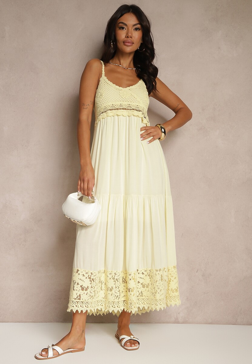 Żółta Rozkloszowana Sukienka z Wiskozy i Bawełny z Koronką na Cienkich Ramiączkach Filaniela