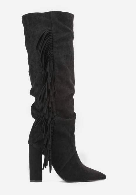 Czarne Kozaki Kowbojki na Słupku z Frędzlami na Cholewce Badina