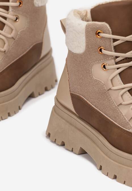 Ciemnobeżowe Traperki  Sznurowane Trapery Janne