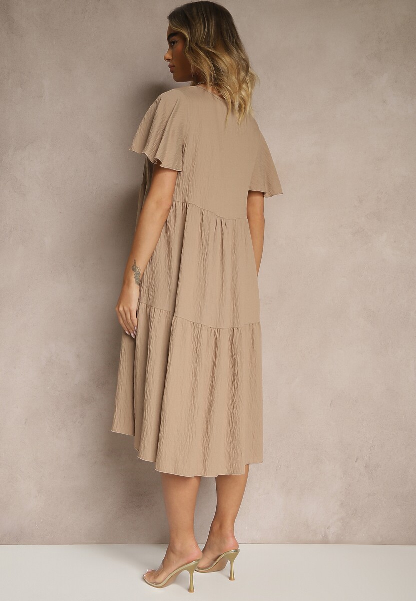 Beżowa Rozkloszowana Sukienka z Wiskozy z Dekoltem w Serek Natasella