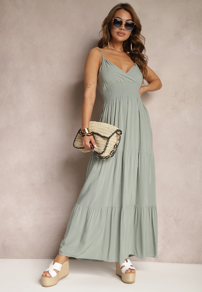 Ciemnozielona Sukienka Bawełniana Rozkloszowana Długa na Cienkich Ramiączkach z Regulacją Shalletia