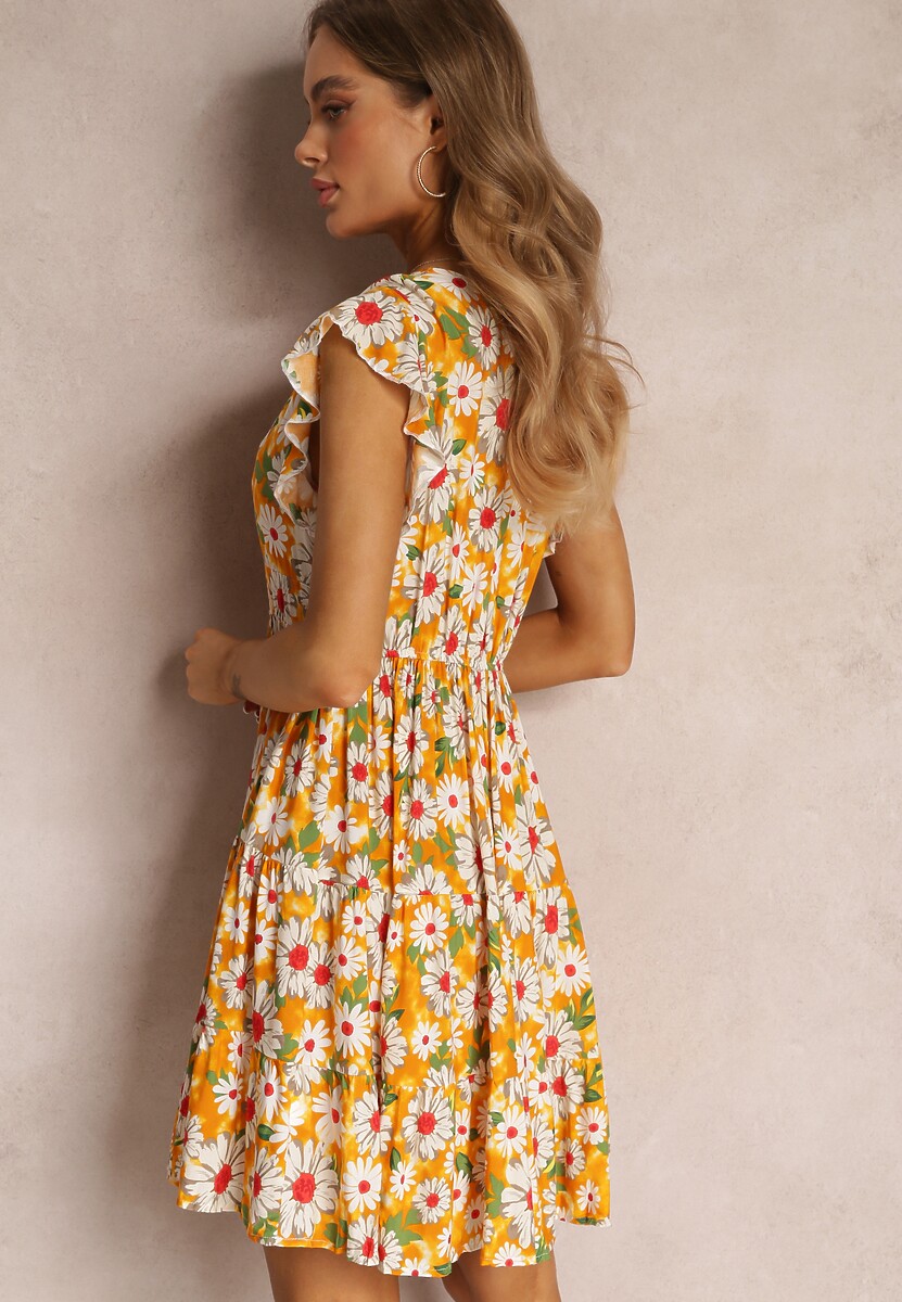 Żółta Taliowana Sukienka Mini w Kwiaty z Gumką w Talii Teziovi