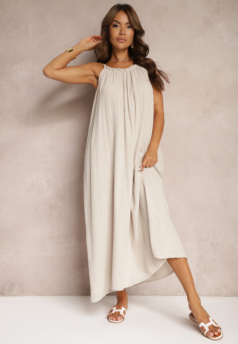 Beżowa Sukienka Muślinowa z Bawełny na Ramiączkach z Regulacją i Wiązaniem przy Dekolcie Felisea