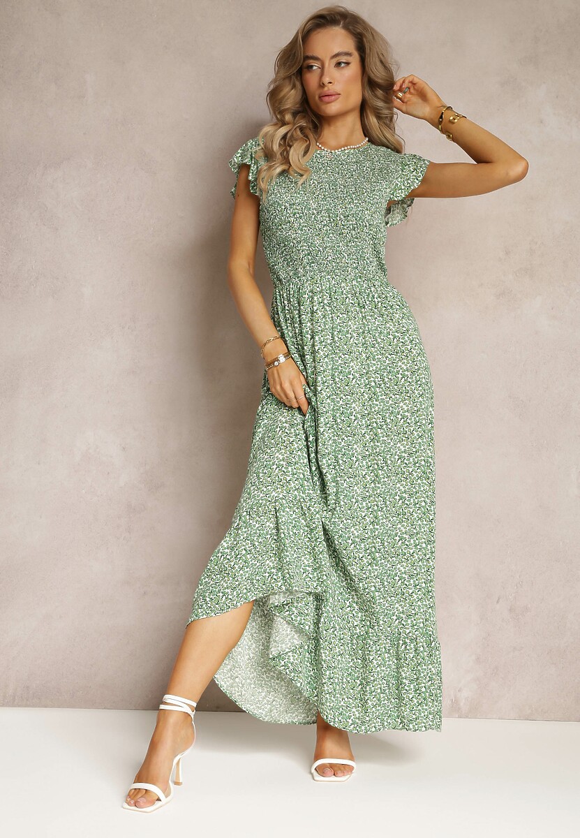 Zielona Rozkloszowana Sukienka z Wiskozy w Kwiaty Nusebia