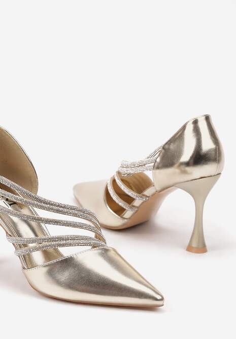 Złote Szpilki w Eleganckim Stylu Ozdobione Paskami z Cyrkonii Ettaisa