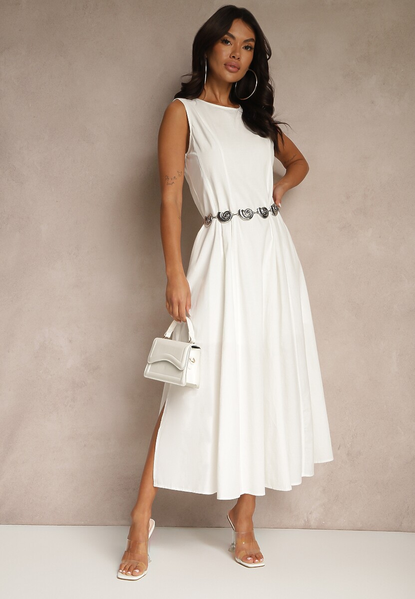 Niebieska Sukienka Rozkloszowana z Wiskozą Bawełną i Rozcięciem na Nogę Saravisse