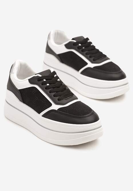 Czarno-Białe Sneakersy na Platformie z Tłoczoną Cholewką Callirae