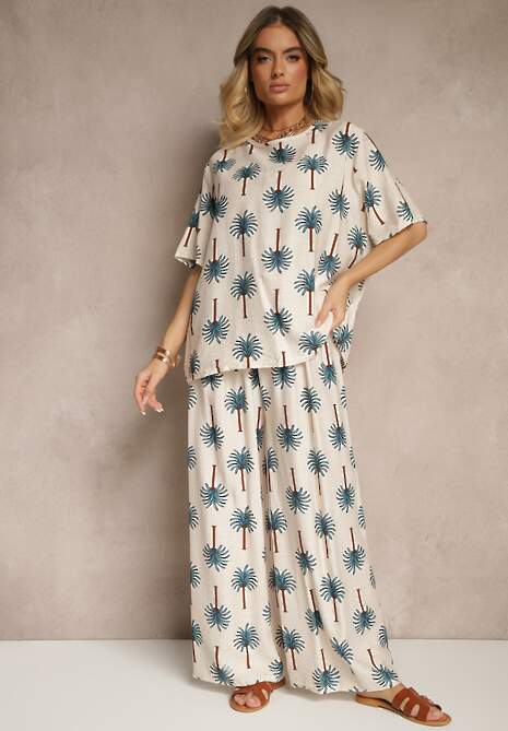 Niebieski Komplet z Wiskozy Zdobiony Printem w Palmy Szerokie Spodnie i T-shirt Zioleana