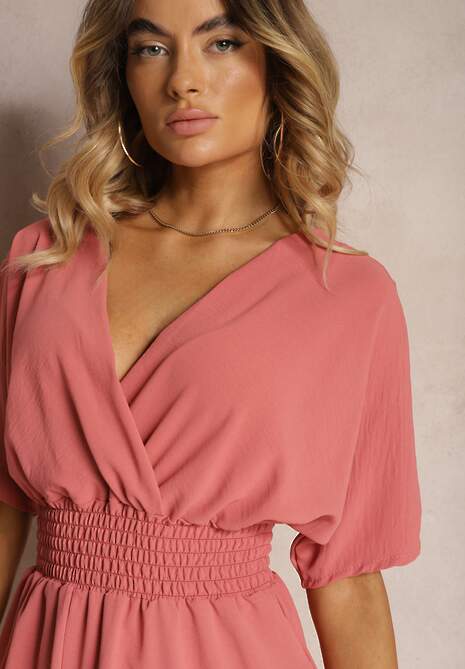 Różowy Kombinezon Kopertowy z Gumką w Pasie Fandrea