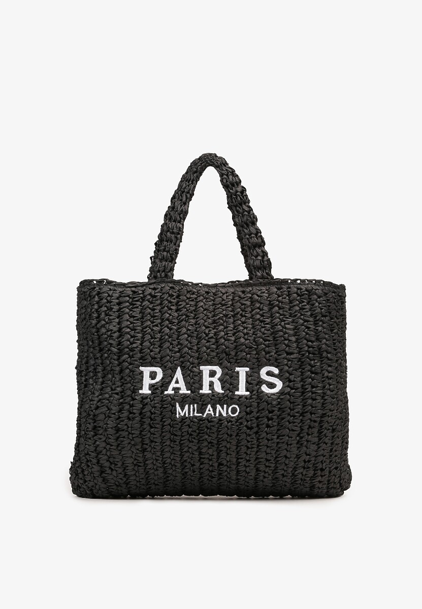 Czarna Duża Torebka z Plecionki Ozdobiona Napisem Degelia