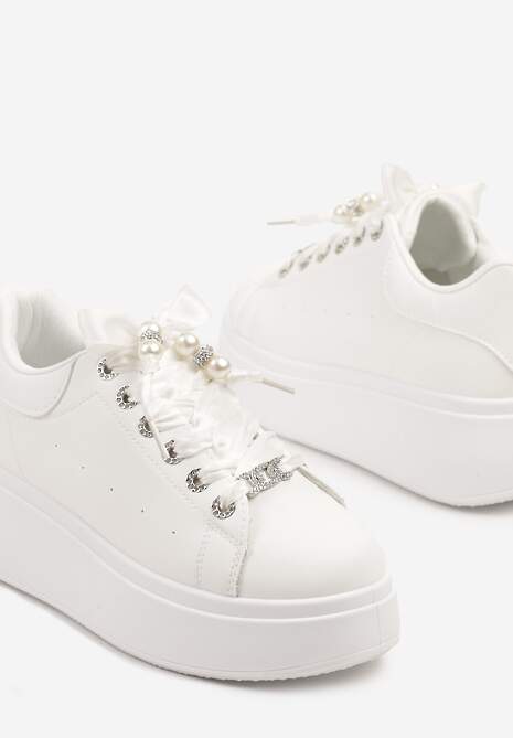 Białe Sneakersy na Platformie Ozdobione Cyrkoniami Vivalle
