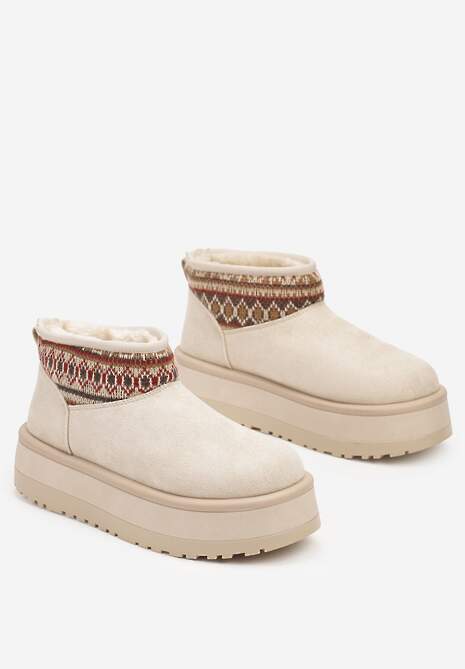 Beżowe Śniegowce na Wysokiej Platformie Ozdobione Wzorzystą Wstawką Sinalora