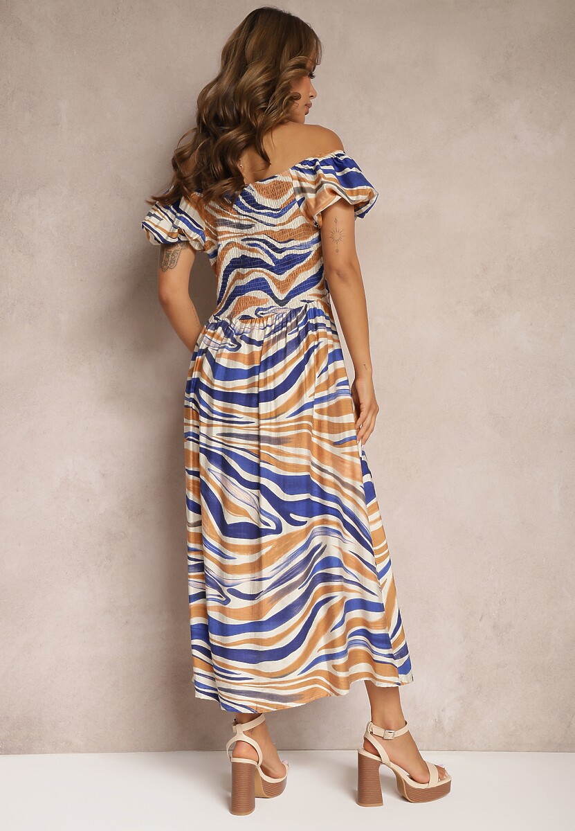 Niebieska Sukienka z Bawełną i Wiskozą Ściągana przy Dekolcie Dimittha