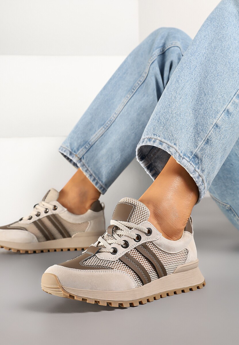 Beżowo-Brązowe Sneakersy z Wkładką ze Skóry Naturalnej w Paski Lenirna