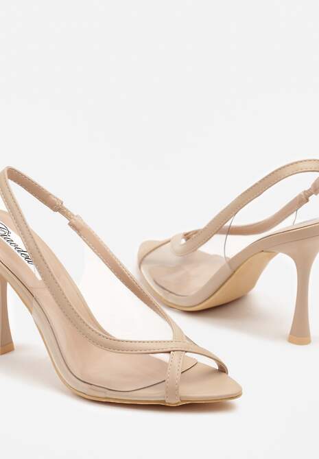 Beżowe Transparentne Sandały na Szpilce Slingback z Noskiem Peep Toe Neothia