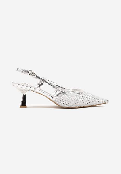 Srebrne Sandały na Kaczuszce Slingback z Siateczkową Cholewką i Cyrkoniami Velionna