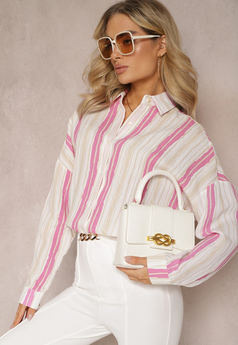 Beżowo-Niebieska Casualowa Koszula z Bawełny w Paski Sileata