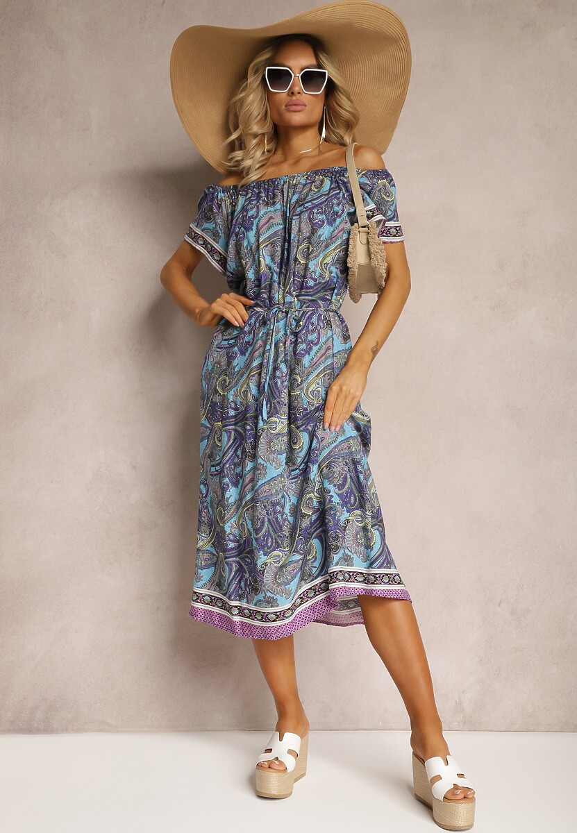 Niebieska Sukienka Hiszpanka z Bawełnianej Tkaniny we Wzór Paisley Arissela