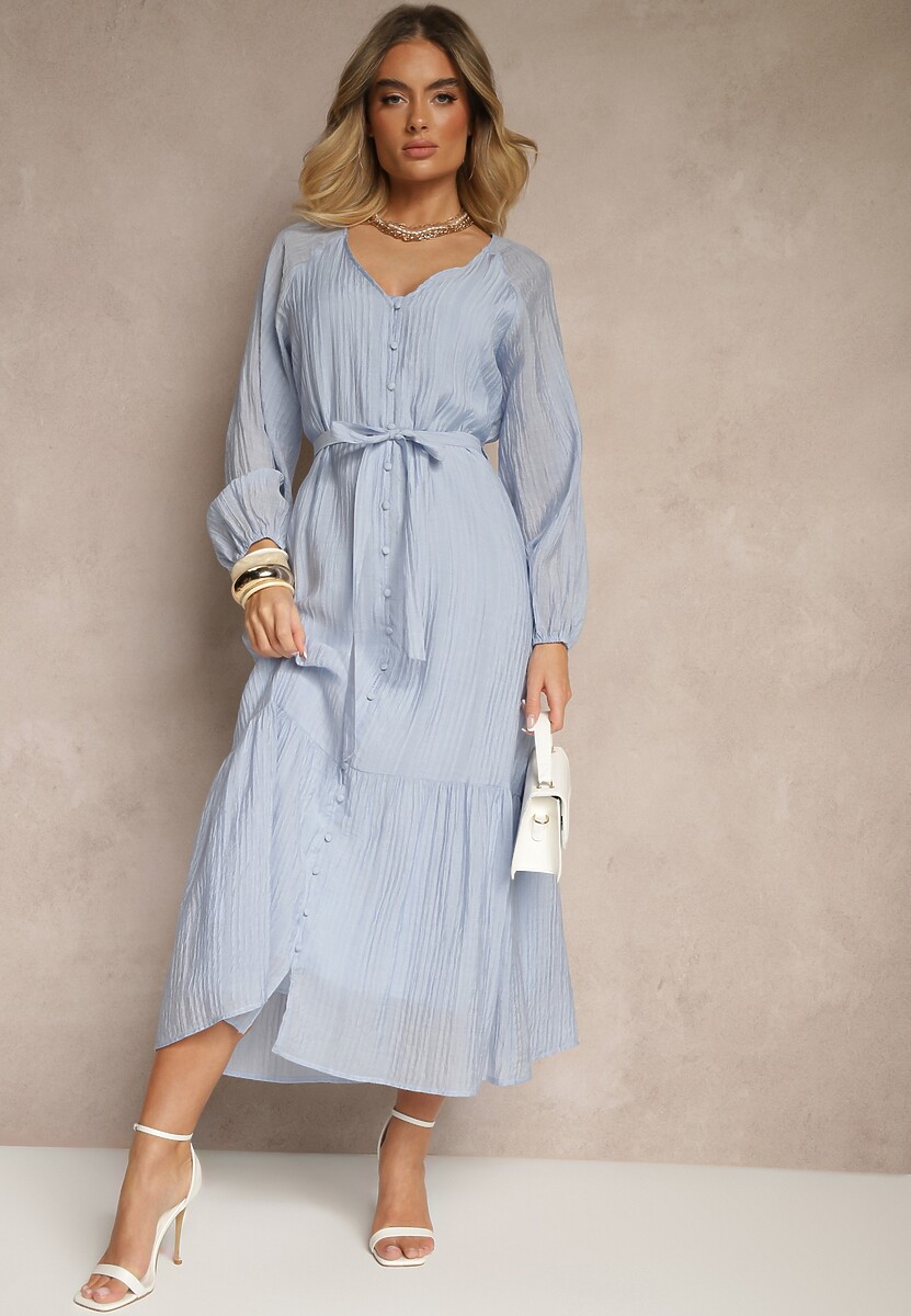 Ciemnozielona Sukienka z Wiskozy Taliowana z Rozkloszowanym Dołem o Koszulowym Kroju Emlio