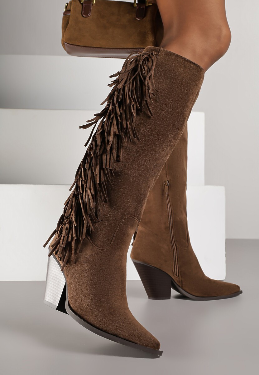 Ciemnobrązowe Kozaki Kowbojki z Imitacji Zamszu z Frędzlami i Stożkowym Obcasem Rafilea