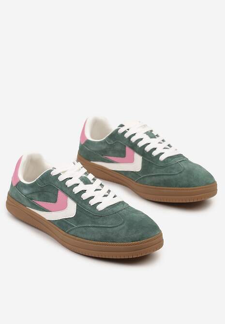 Zielone Sneakersy Skórzane w Stylu Tenisówek z Geometrycznym Motywem Erisane