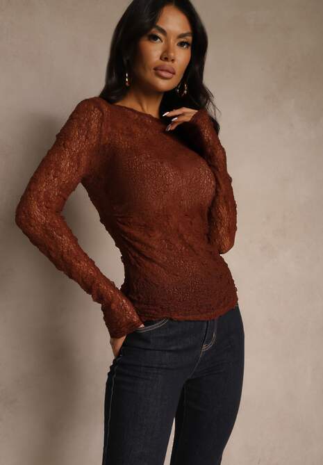 Brązowa Marszczona Bluzka Longsleeve z Koronki Saloravia