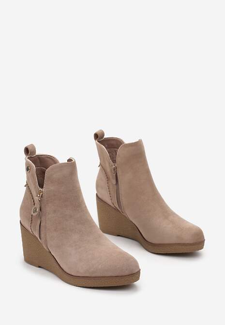 Ciemnobeżowe Botki na Koturnie z Ozdobnym Suwakiem Puiessa