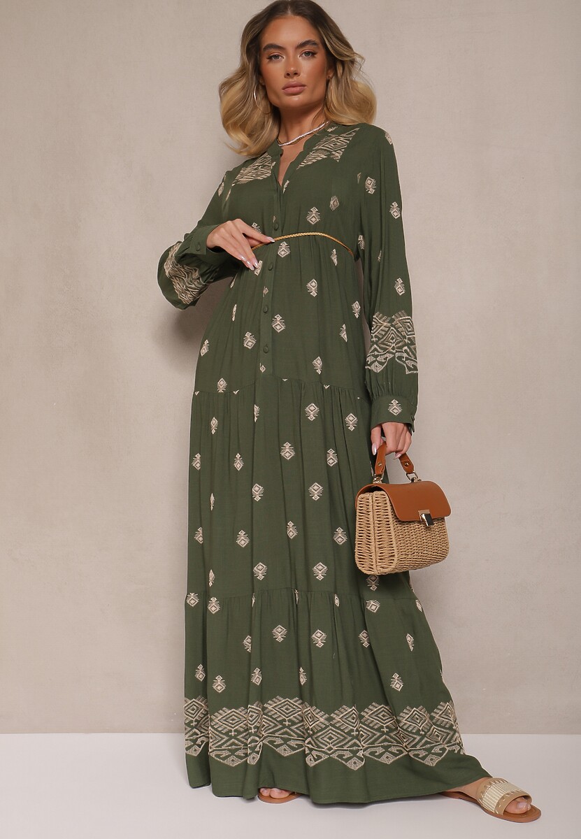 Ciemnozielona Rozkloszowana Sukienka Ozdobiona Haftem i Wzorem Boho Ronavere