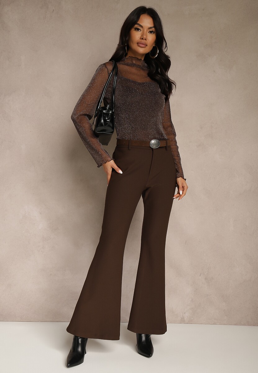 Brązowe Wiskozowe Spodnie Dzwony z Bawełną High Waist z Paskiem Lidassa